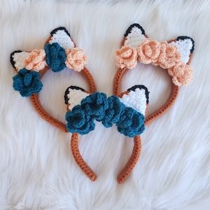 Women and girls fox ear head band crocheted animal ear flower hair accessory